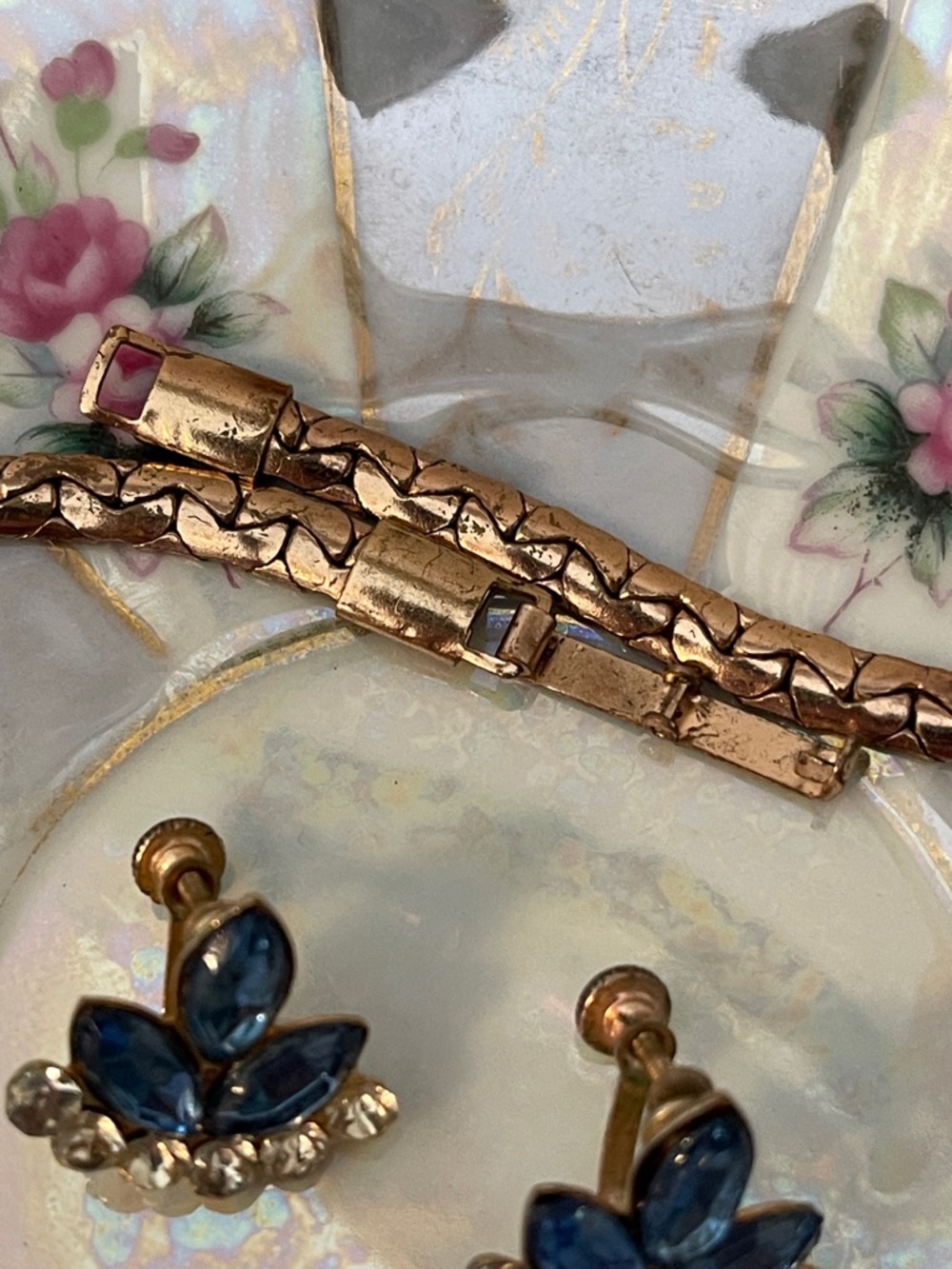 Vintage Gold Plated Blue & Clear Rhinestone Matching Necklace/Earring Set - Picture 9 of 10